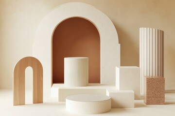 geometric podiums on cream background , ai