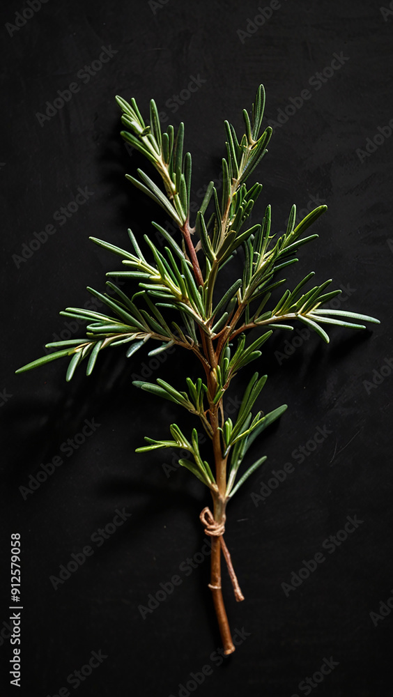 Poster against a dark canvas of black graphite a sprig of rosemary. it is bae composition for background. t