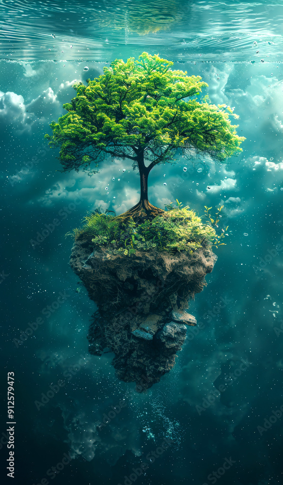 Poster a tree is floating in the ocean. the tree is surrounded by water and rocks. the image has a peaceful