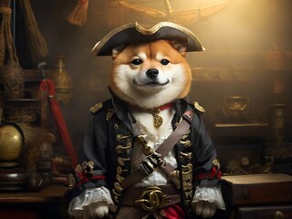 Shiba inu dog  in full-length pirate costume, AI generated