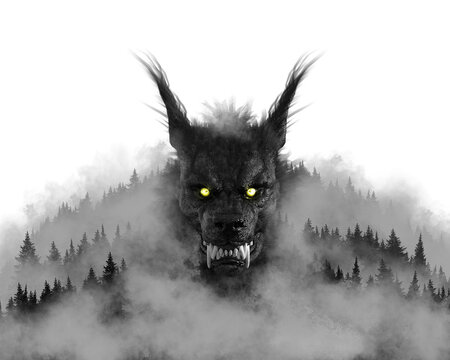 A Werewolf Dogman cryptid depicted as part of a foggy mountain landscape