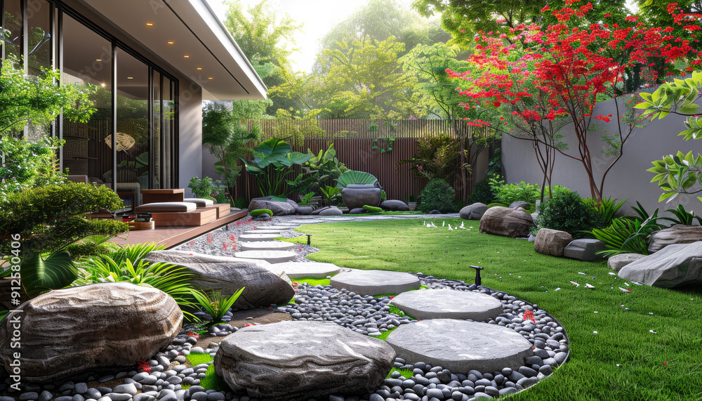 Poster a large yard with a stone path and a rock garden. the yard is surrounded by a fence and has a patio 