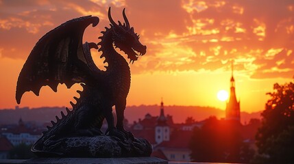 Majestic Dragon Silhouette against Fiery Sunset Sky with Dramatic Clouds