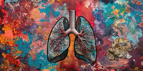 Abstract art with human lungs and paint splatters.