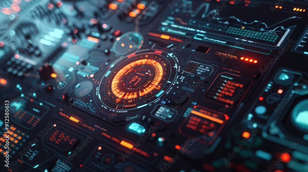 Poster cybernetic 3d interface with digital elements and futuristic ui design, perfect for tech presentatio
