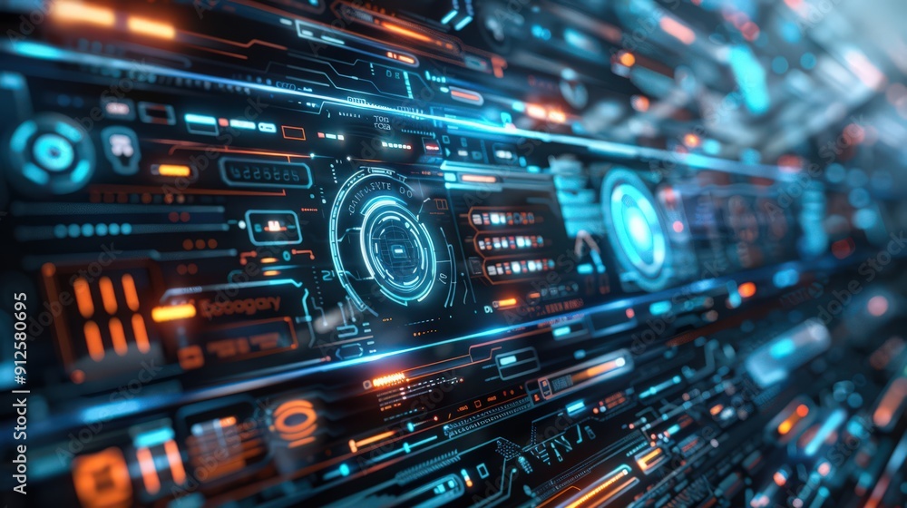 Poster cybernetic 3d interface with digital elements and futuristic ui design, perfect for tech presentatio