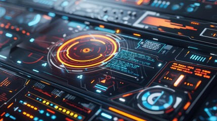 Obraz premium Cybernetic 3D interface with digital elements and futuristic UI design, perfect for tech presentations or sci-fi concepts
