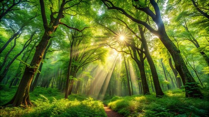 Fototapeta premium Serene forest scene with sunlight filtering through lush green canopy above, vibrant leaves rustling gently in the breeze, evoking a sense of peaceful nature escape.