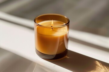 A warm amber candle in a glass holder creates a soft glow, perfect for a calming atmosphere