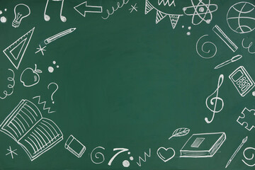 Frame made of drawings on green blackboard