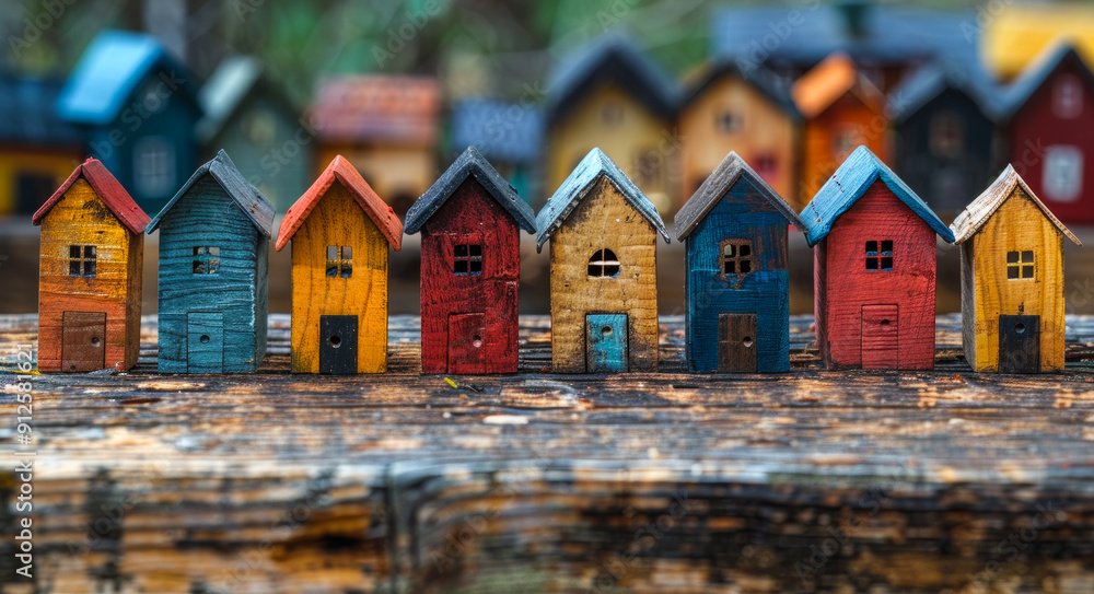 Poster a row of small houses are lined up on a wooden table. the houses are of different colors and sizes, 