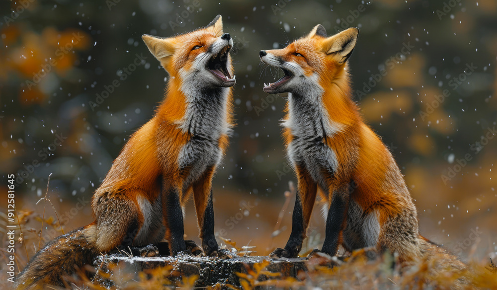 Poster two foxes are sitting on a log, one of them is making a loud noise. the scene is set in a forest wit
