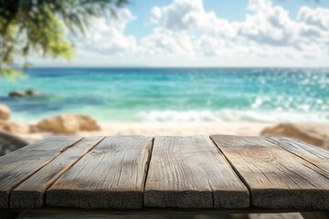 Fototapeta premium Aged wooden pedestal with free space and blurred summer beach landscape as background , ai