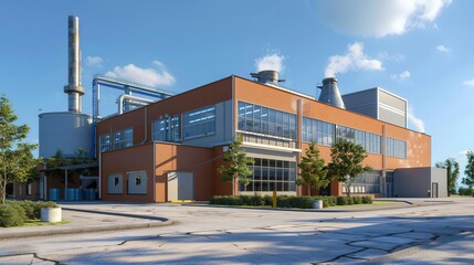 Naklejka premium Industrial Building Exterior 3D Rendering - Daytime Factory Scene with Smoke Stacks and Brick Walls