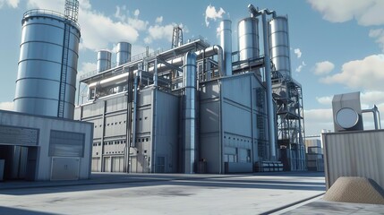 Obraz premium Industrial Factory Building 3D Model with Blue Sky and Clouds