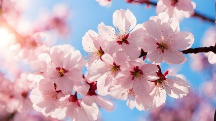 Fototapeta premium A branch of pink flowers is in the sunlight