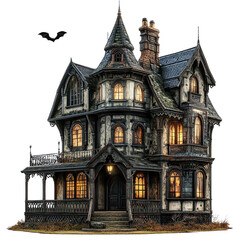 Obraz premium An eerie vintage mansion with glowing windows and intricate architecture, perfect for spooky themes and Halloween visuals.