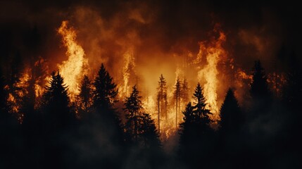 Naklejka premium Forest Fire at Night with Trees Ablaze in a Fiery Inferno