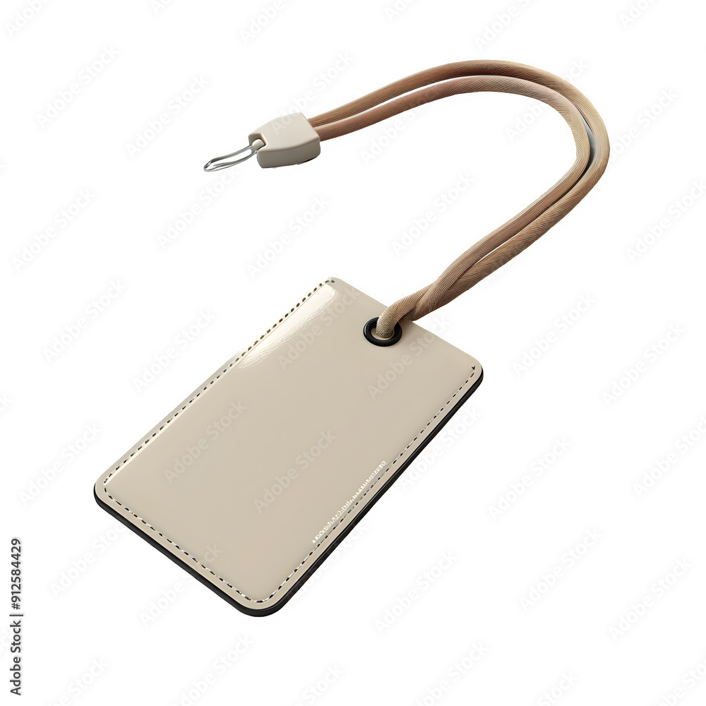 Aufkleber plain beige luggage tag with a dark brown string, set against a clear background