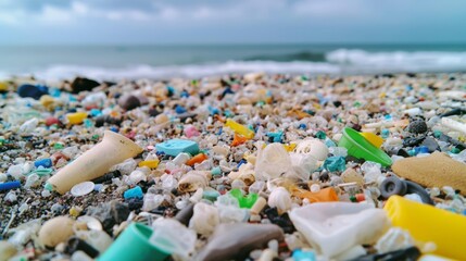 A beach covered in microplastics and other small debris