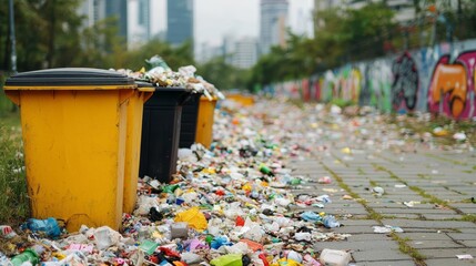 A city park covered in litter and graffiti, with overflowing trash bins