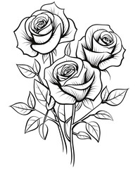 rose flower and leaf drawing illustration on white backgrounds. Flower icon. Set of decorative rose silhouettes. Vector rose isolated on white