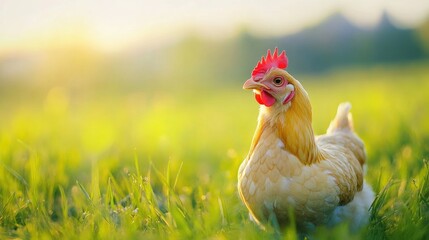 Fototapeta premium Range chicken on green summer grass