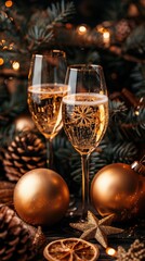 Two champagne glasses with Christmas decorations and pine cones