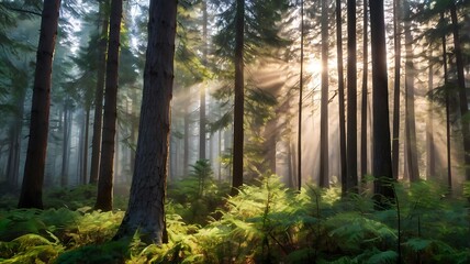 Fototapeta premium Serene forest landscape misty morning light and t