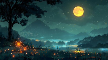 Naklejka premium A beautiful night sky with a large yellow moon and a tree in the foreground