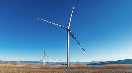 Wind turbines in a vast open landscape under clear blue sky, renewable energy and sustainability
