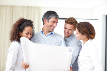 Fototapeta premium Architecture, blueprint and construction planning with building contractor, manager and industrial designer. Startup, city engineering and teamwork for logistics, property development and project