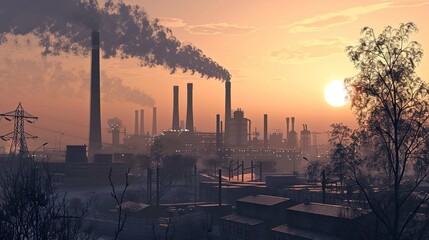 Naklejka premium Industrial Sunset Illustration with Smokestacks and Silhouette of Factory
