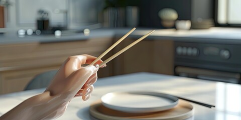 A hand holds chopsticks over a plate.
