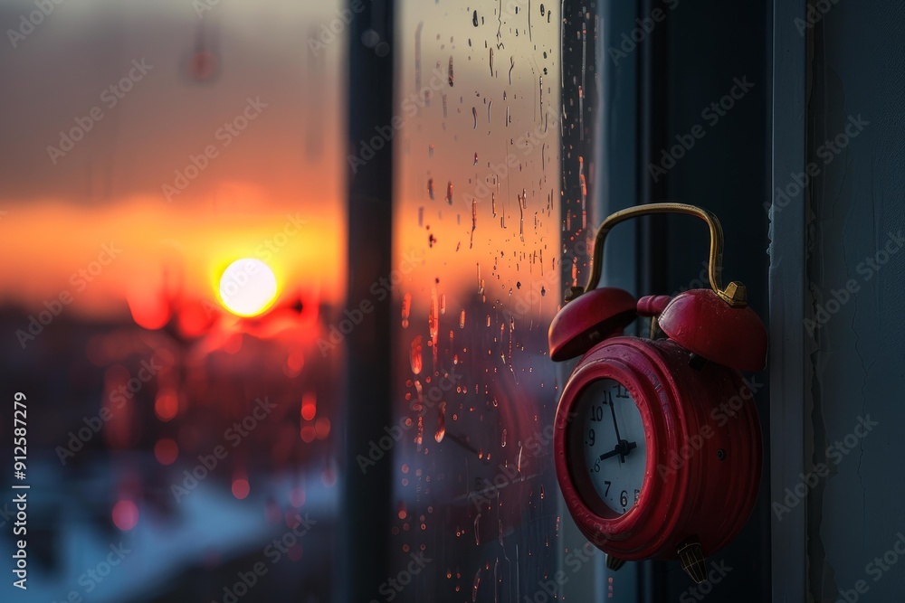 Poster red alarm clock is hanging on a window after the rain with a dramatic sunset in the background