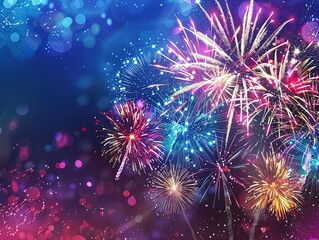 Fototapeta premium A Beautiful Display of Colorful Fireworks Lighting Up the Night Sky, Creating an Enchanting and Festive Atmosphere for Celebration Events and National Holidays