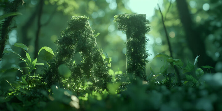 Glowing AI letters in lush forest environment concept
