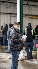 Fototapeta premium A man stands holding a food container amidst a busy community outreach event in wet conditions
