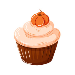 Muffin with pumpkin flavored in cartoon. Design of sweet baked cupcake for pastry shop, bakery. Vector illustration isolated on a white background.