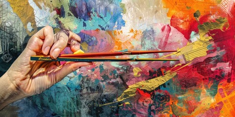 A hand holding a colorful paintbrush over abstract art.
