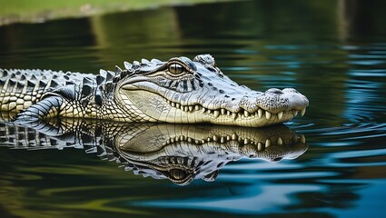 Fototapeta premium Majestic Crocodile Swimming Gracefully in Serene Waters Reflection