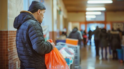 A man stands by the wall, holding an orange bag, observing shoppers in a crowded indoor market