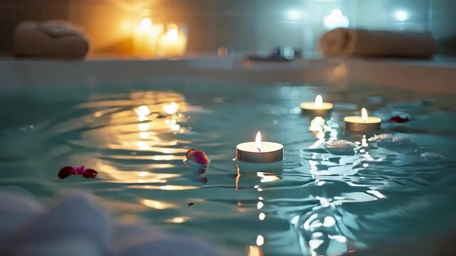 Tranquil spa bath with floating candles rose petals