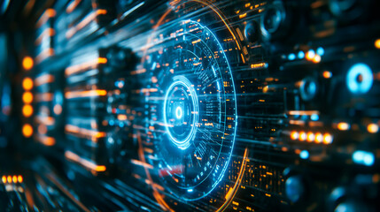 Abstract Technology Business Background. Futuristic High Tech, Cyber Security, Neon Glow, Digital Transformation, Global Network, ICT Innovation, Smart Software Hardware Solution, AI Ethics