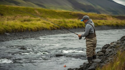 A Passionate Fisherman Casting Line in Pristine Wilderness by a River