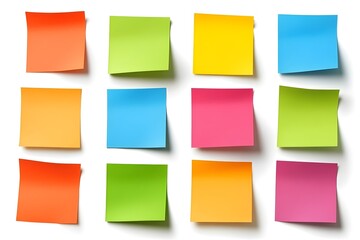Colorful blank sticky notes isolated on white wall background, creating a cheerful and organized workspace