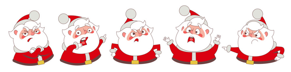 Set of characters of angry Santa Claus with negative emotions for adds and stickers