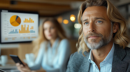 Focused businessman contemplating data insights during a meeting. Analytical atmosphere with charts and digital devices.