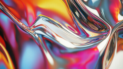 Abstract colorful fluid-like design with metallic reflections and vibrant hues.