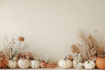 Neutral autumn arrangement with dried pumpkins and flowers and copy space background